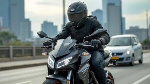 تصویری از یک فرد با تجهیزات محافظتی موتور سیکلت
