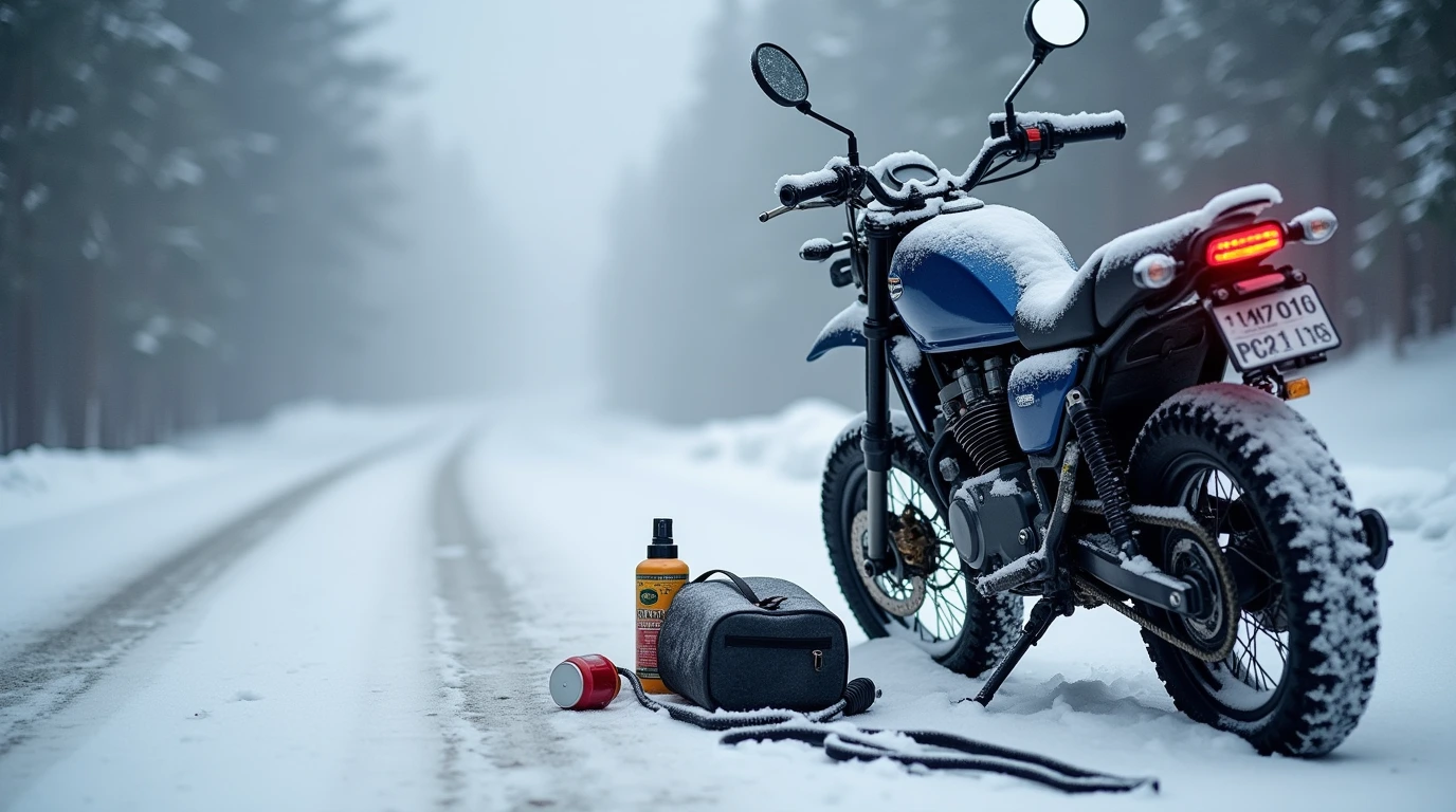 یک موتور سیکلت در برف به همراه لوازم ضروری و جعبه ابزار 