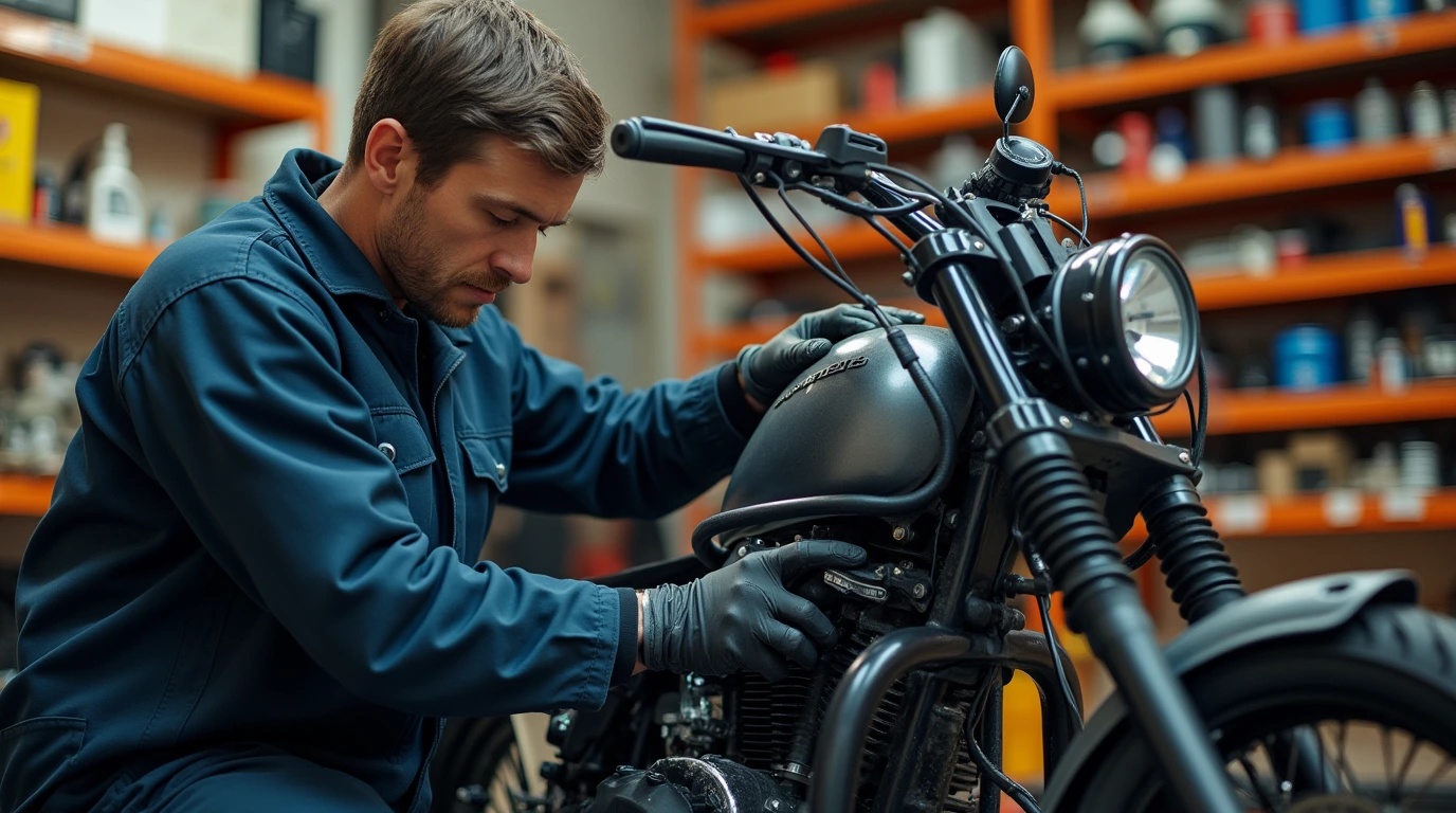 یک مرد درحال تعمیر موتور سیکلت 