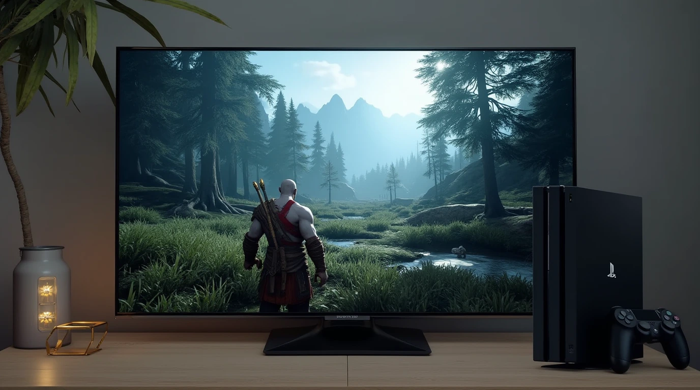 تصویری از یک گیمر که در حال تجربه بازی‌های با گرافیک بالا روی پلی استیشن ۴ پرو است. بازی‌ای مانند God of War با جزئیات و کیفیت ۴K روی تلویزیون نمایش داده می‌شود.