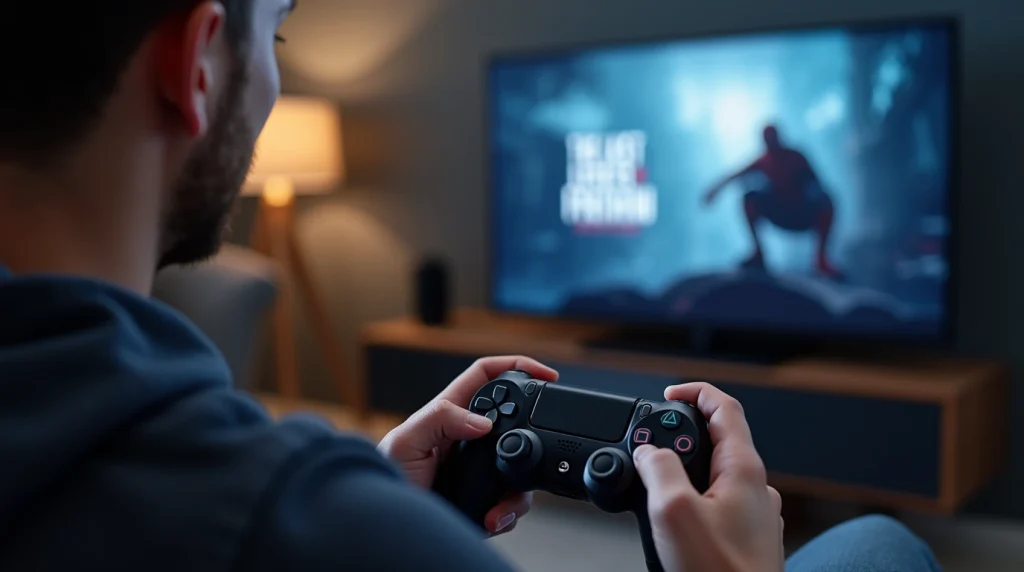 تصویری از گیمر که با پلی استیشن ۴ بازی میکند