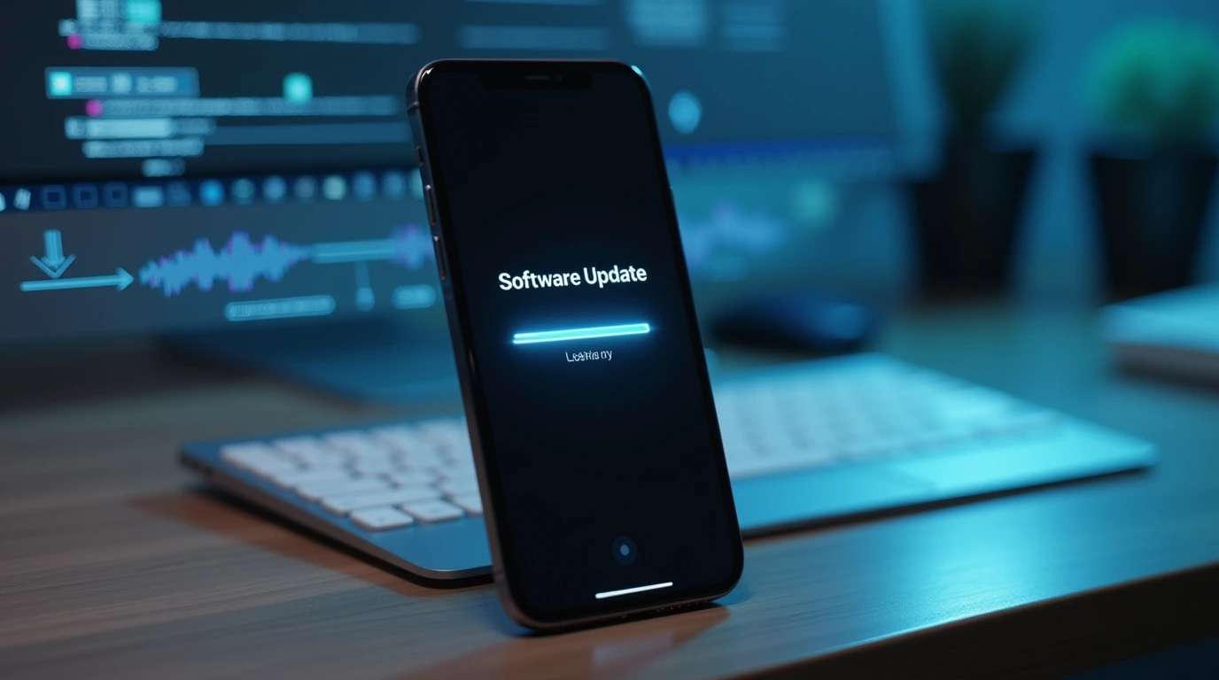 یک گوشی ایفون 16 که در حالت سورئال در حال اپدیت است