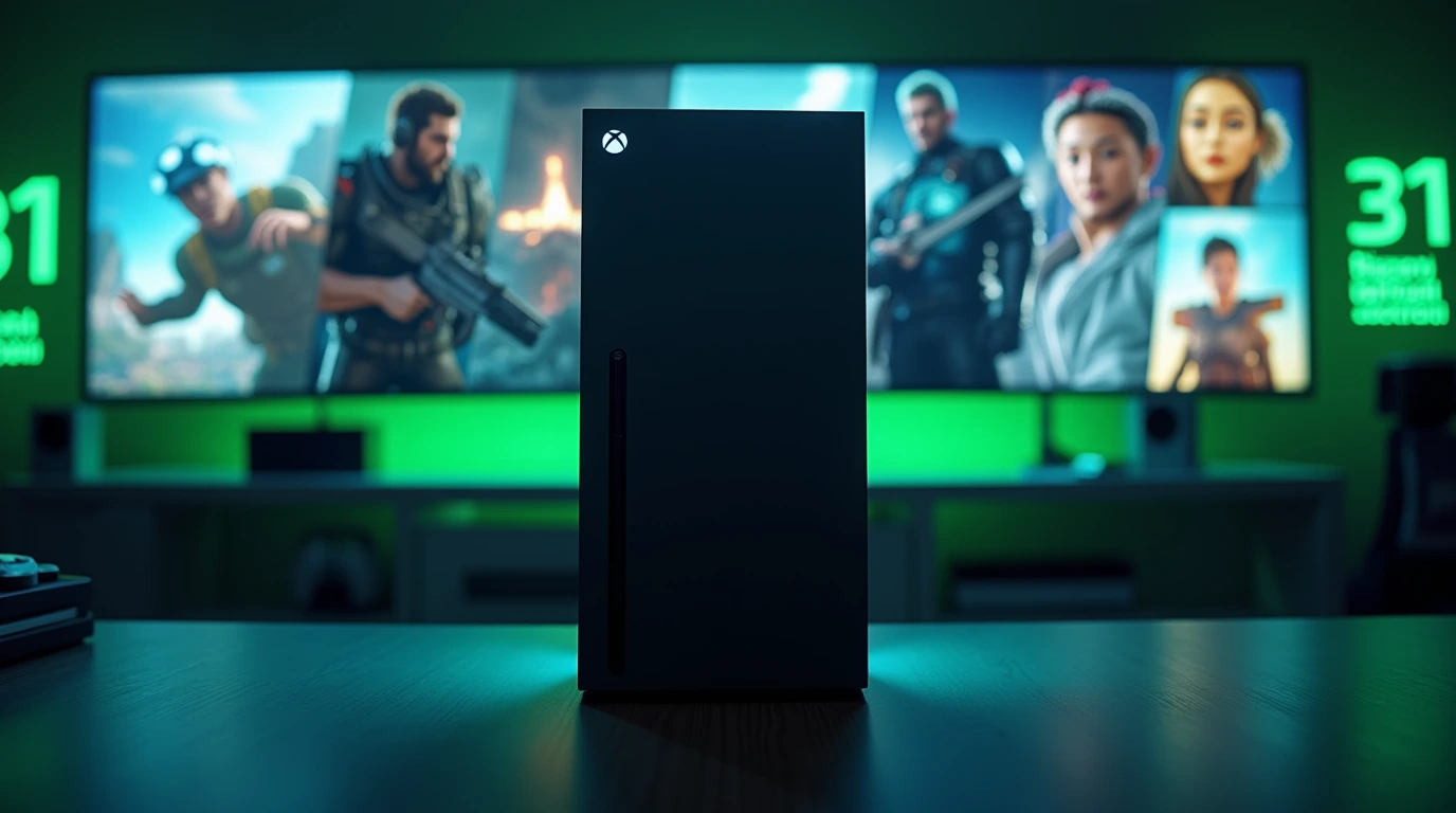 تصویر یک کنسول ایکس باکس سری ایکس با پس زمینه ای جذاب از بازی ها