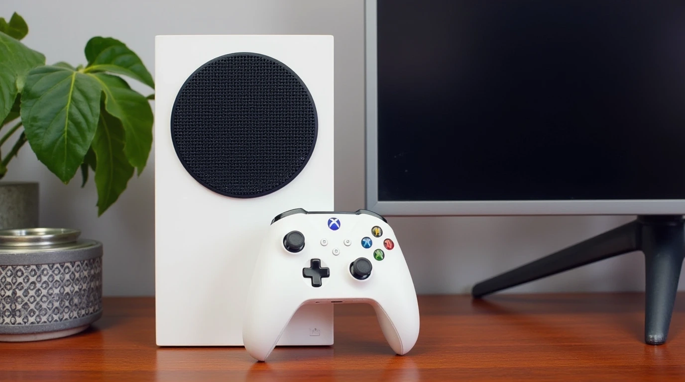 تصویری از کنسول Xbox Series S کنار مانیتور