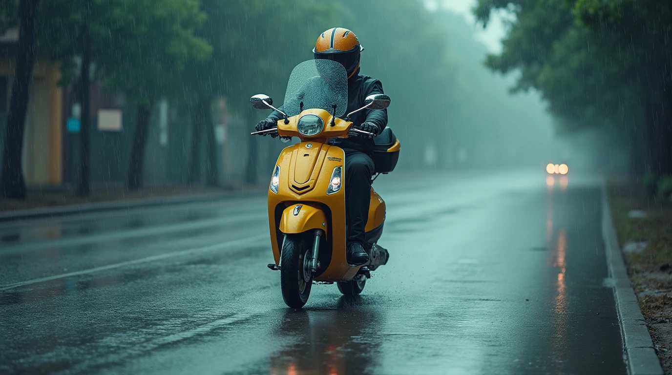 تصویر موتور سیکلت در محیط بارانی