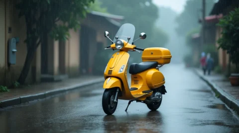 تصویر موتور سیکلت در محیط بارانی