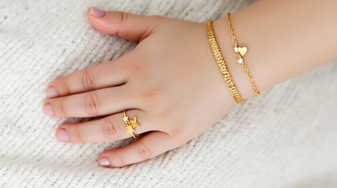 دستبند و انگشتر طلا در دست نوزاد 