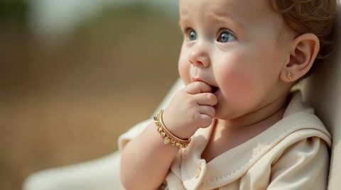 عکس نوزاد دختر که دست در دهانش هست و دستبند طلا در دست اش است.
