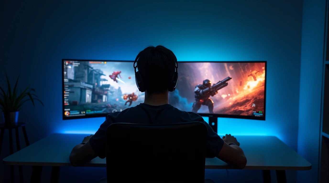 فردی در حال بازی کردن با مانیتور تخت و مانیتور خمیده 