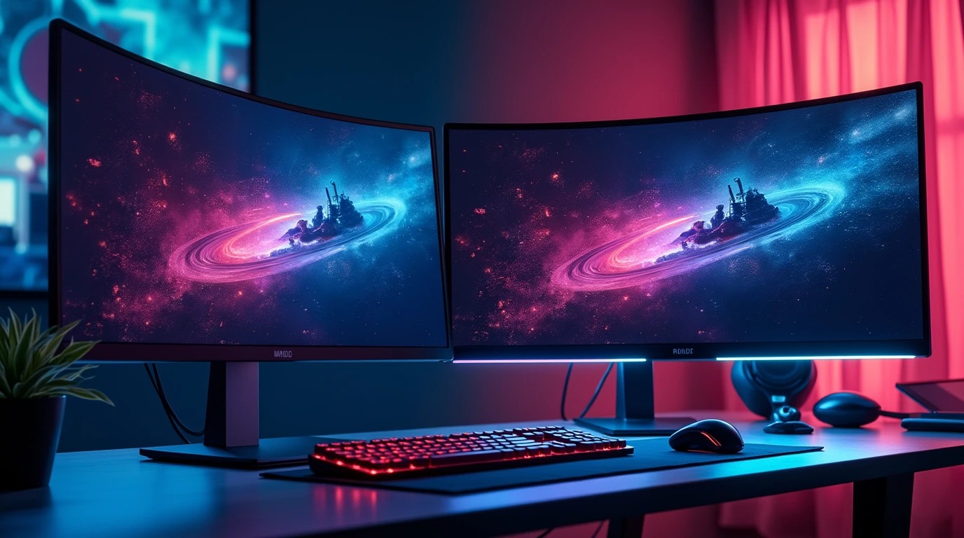 دو مانیتور خمیده با تم رنگی ابی و بنفش