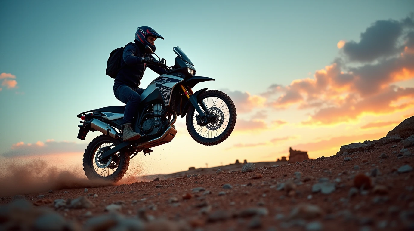 تصویری از یک موتور سیکلت ادونچر در حال تک چرخ زدن