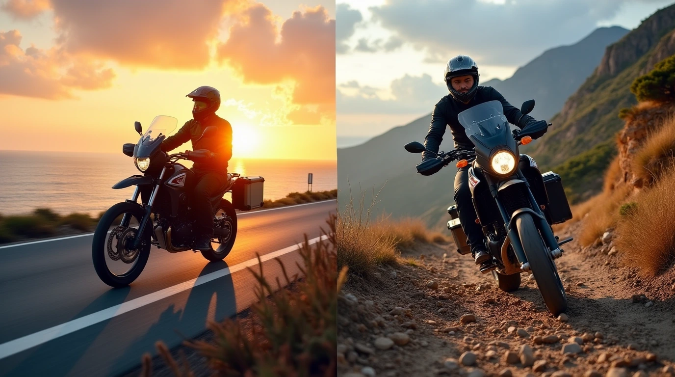 تصویری از دو موتور سیکلت ادونچر از نمایی نزدیک روی جاده های متفاوت