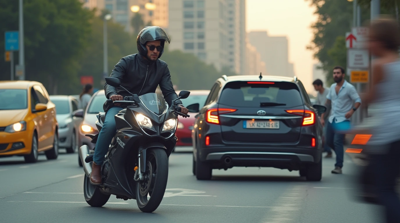 موتور سیکلت و ماشین داخل خیابان