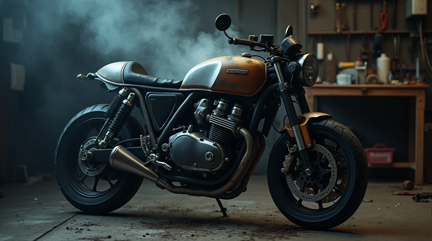 یک موتور سیکلت خراب در یک تعمیرگاه