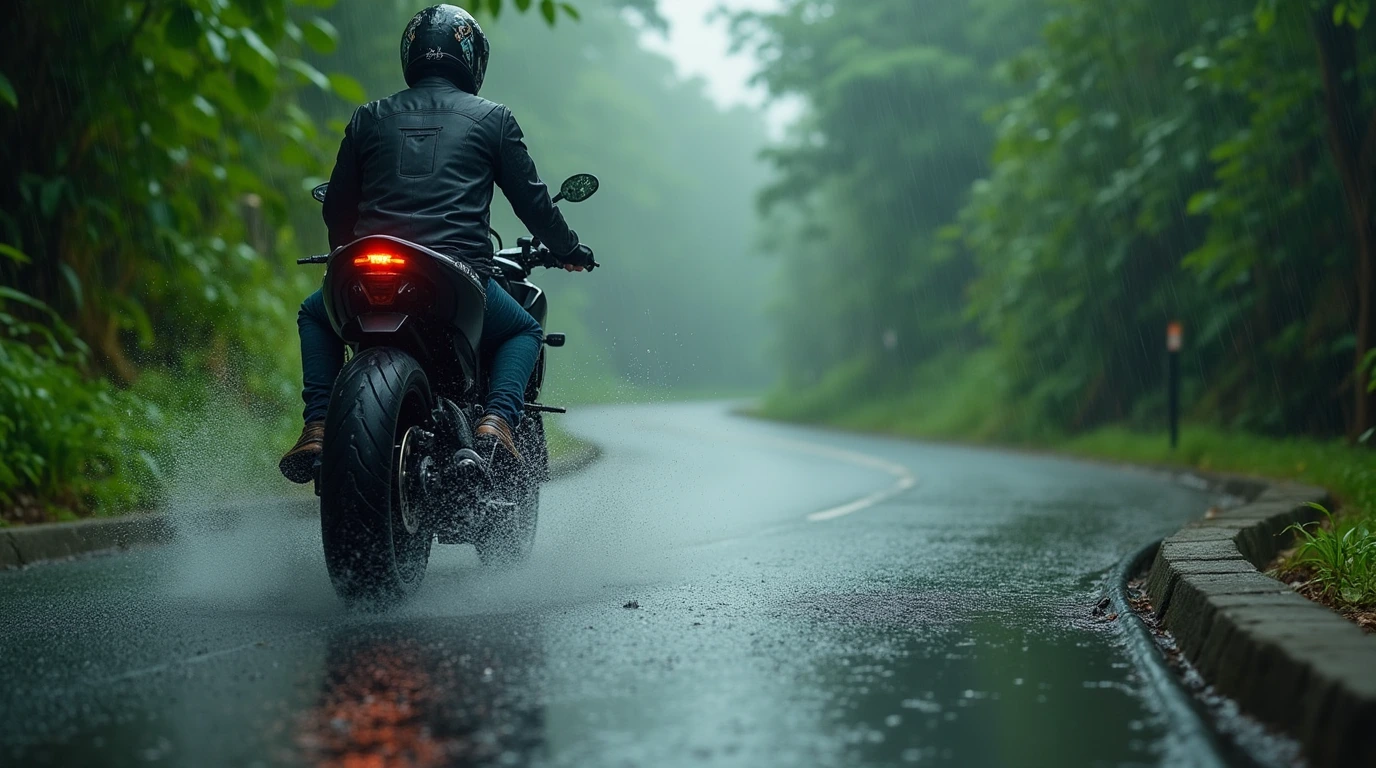 موتور سیکلت در جاده بارانی وسر سبز