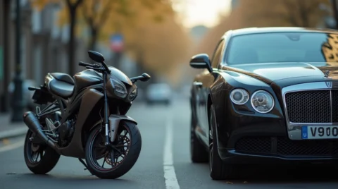 موتور سیکلت و ماشین داخل خیابان