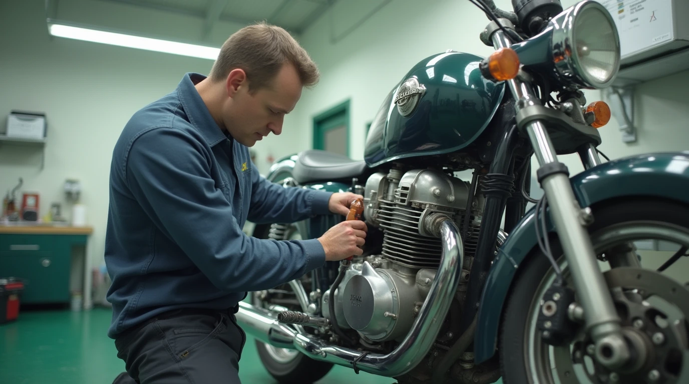 یک تعمیرکار درحال بررسی یک موتور سیکلت