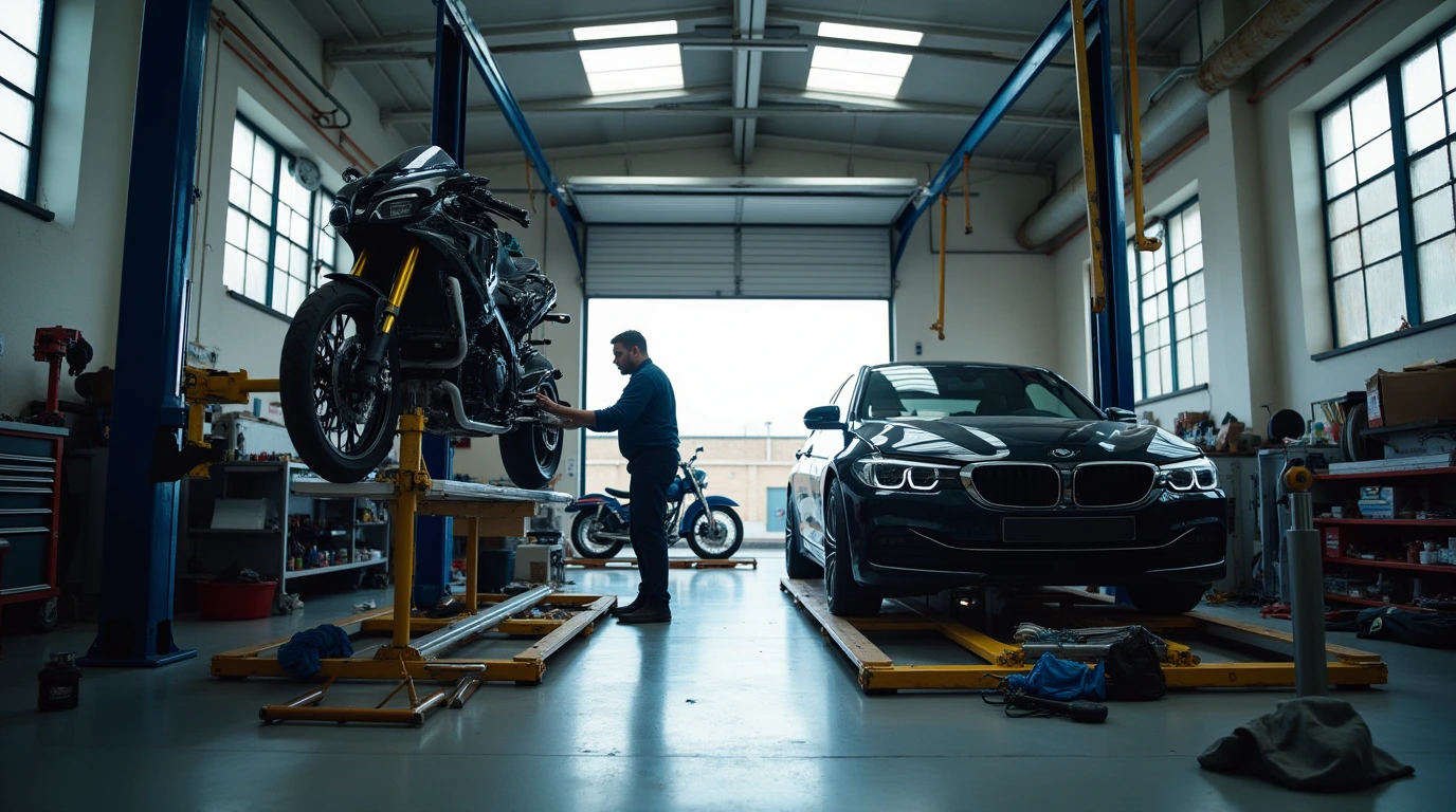 موتور سیکلت و ماشین داخل تعمیرگاه