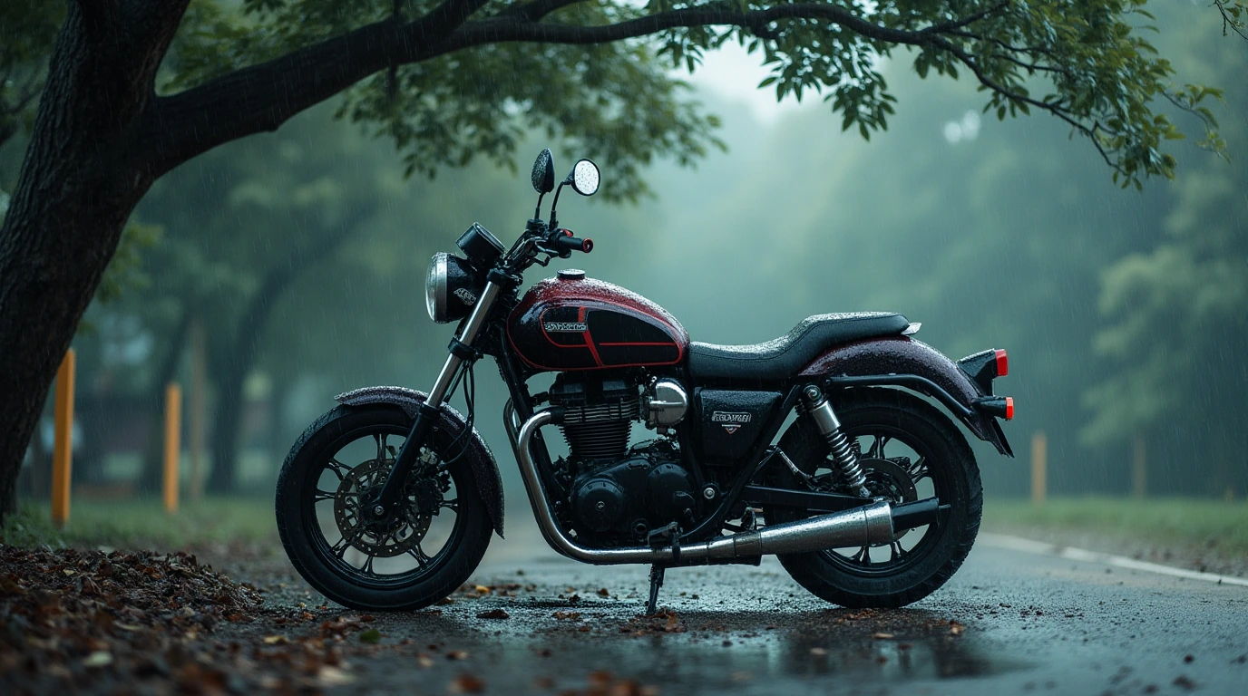 یک موتور سیکلت در جاده بارانی