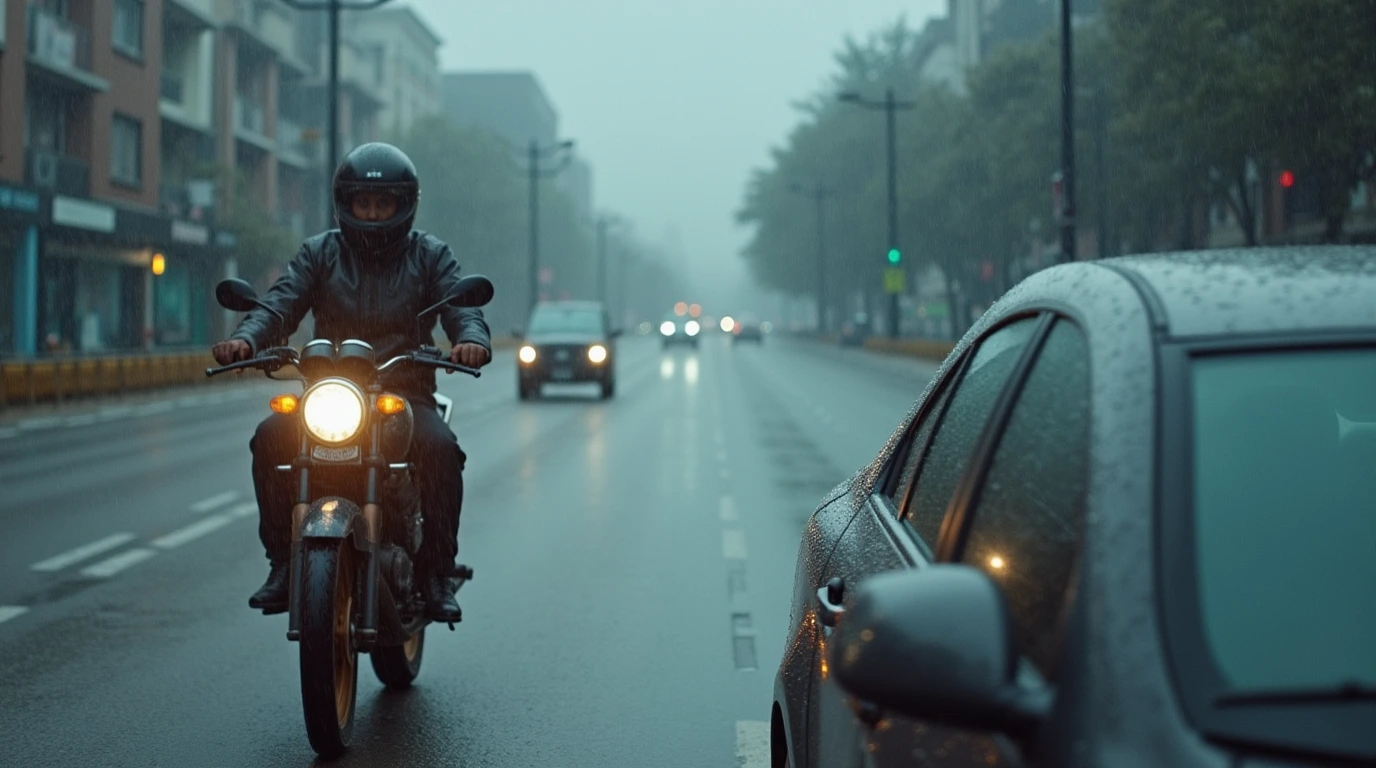 موتور سیکلت و ماشین داخل خیابان بارانی
