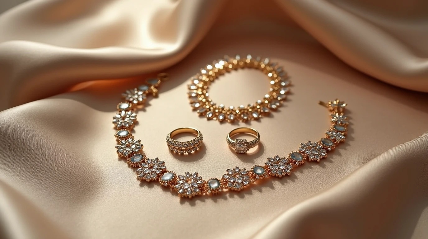 عکس زیورالات طلا که شامل گردنبند و دستبند و دو انگشتر است.