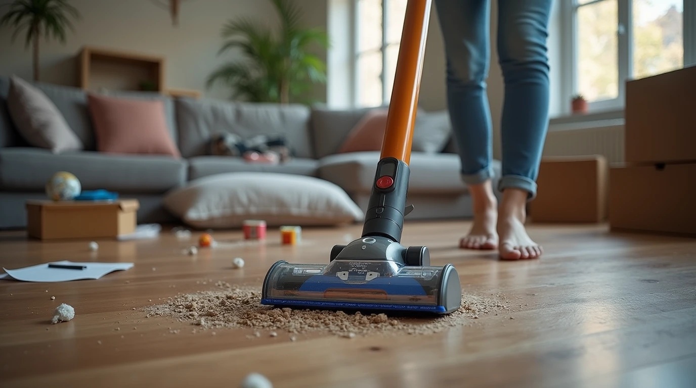 عکس فردی در حال جارو زدن با جاروبرقی بی‌سیم