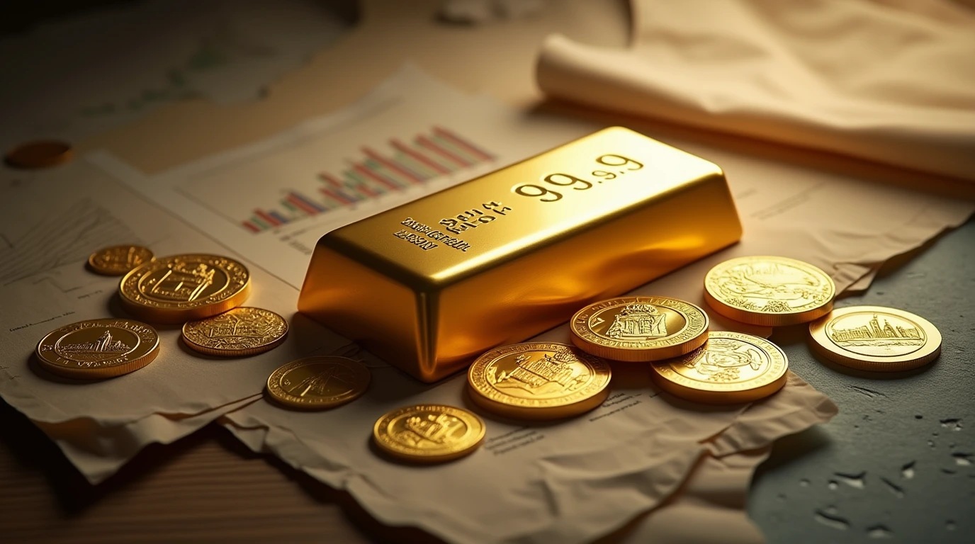 عکس شمش طلا در کنار سکه های طلا