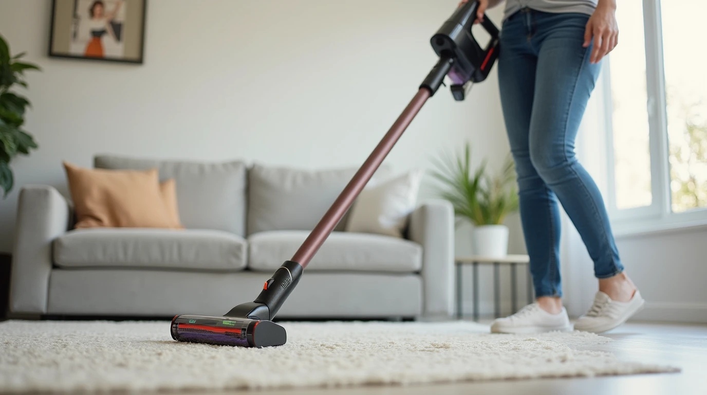 عکس فردی در حال جارو زدن اتاق با جاروبرقی بی‌سیم