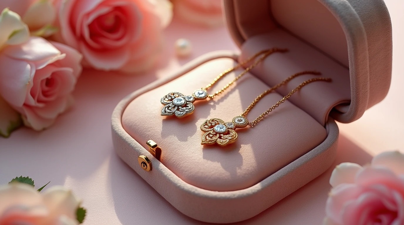 دو گردبند طلا در جعبه جواهرات