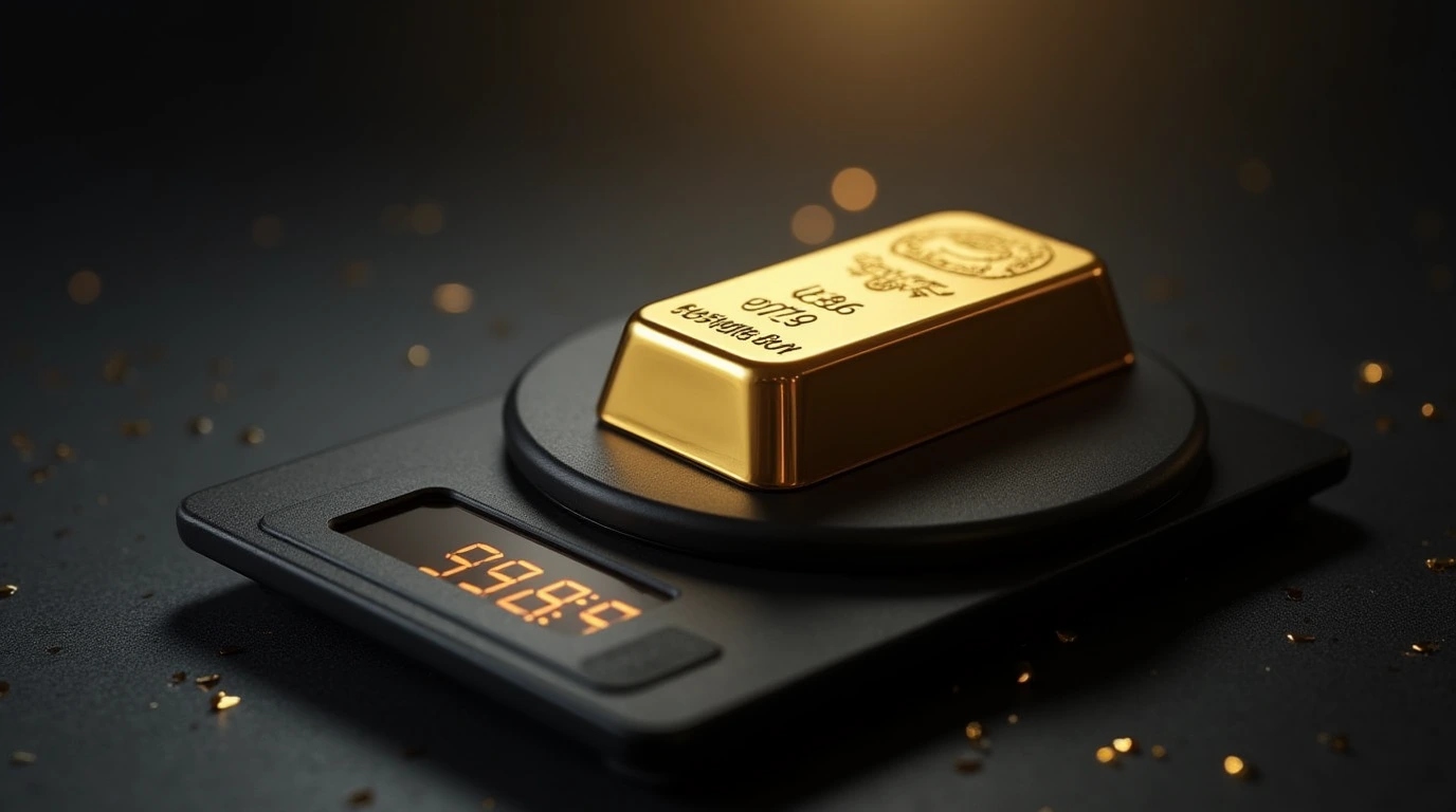 عکس شمش طلا روی ترازوی دیجیتال برای اندازه گیری