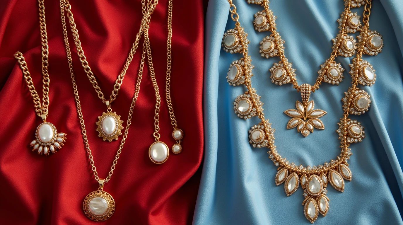 عکس دو سرویس طلا با بکگراند لباس های مجلسی با رنگ های مختلف 