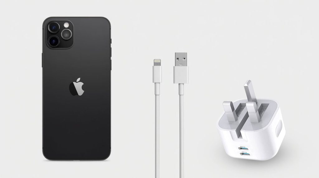 تصویری از آداپتور و کابل و گوشی آیفون