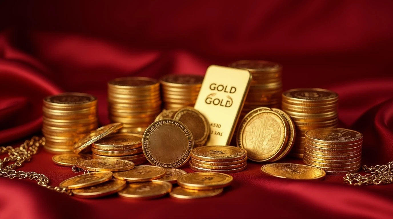 تصویری از انواع اشکال طلا شامل شمش طلا، سکه، زنجیر طلا و...