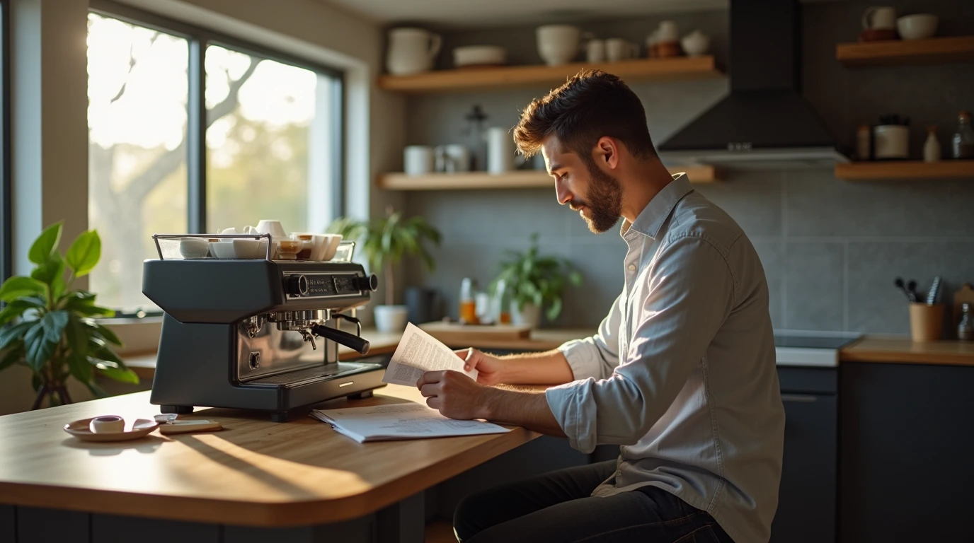 تصویری از شخصی که در حال مطالعه دفترچه راهنمای اسپرسو ساز است