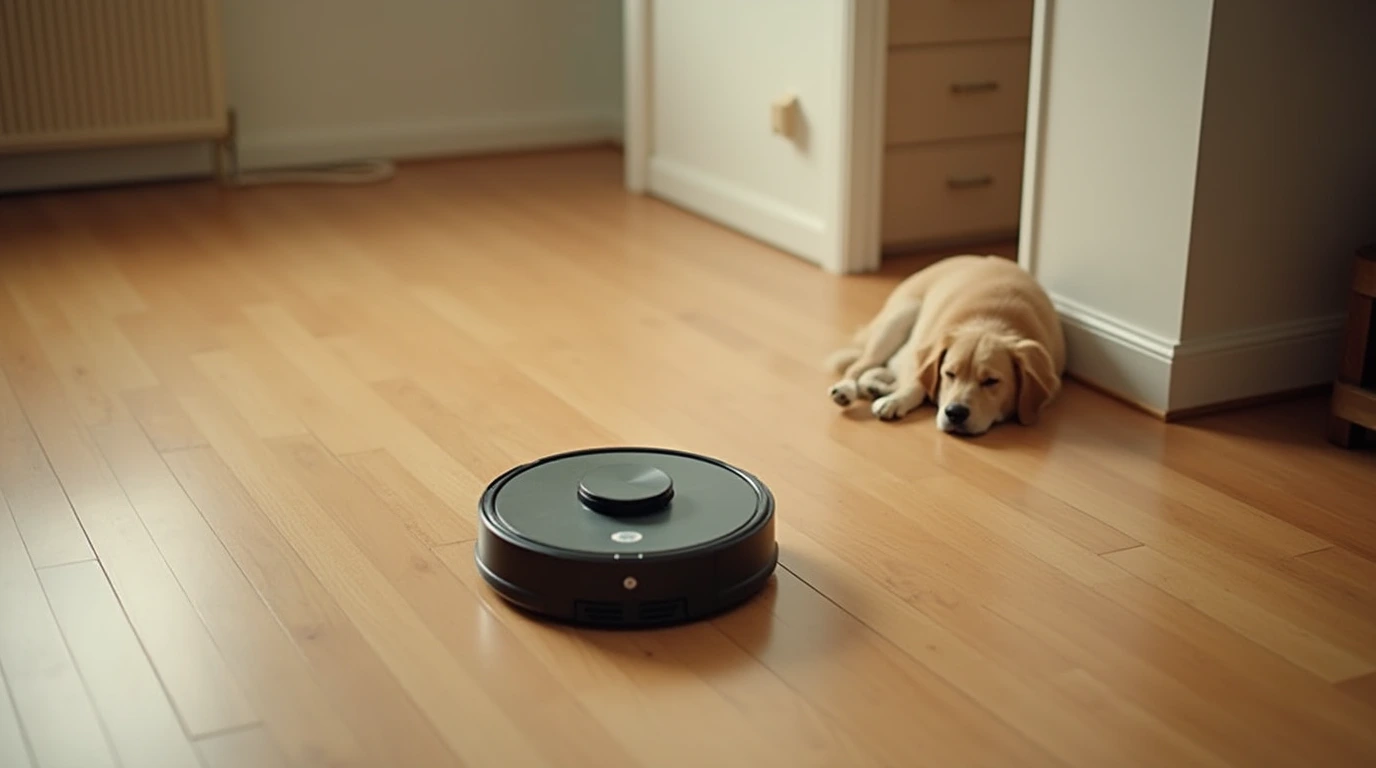 جاروبرقی رباتیک در کنار یک سگ