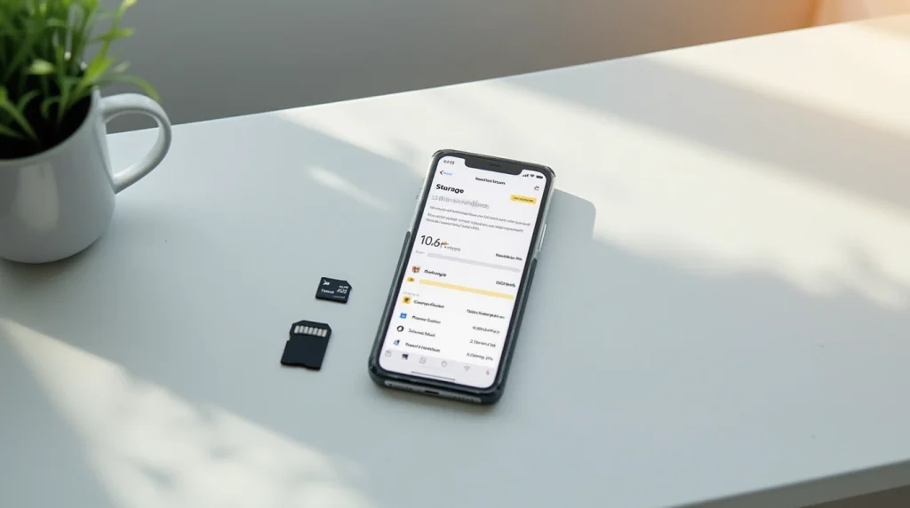 تصویری از گوشی روی یک میز که حافظه گوشی جای خالی زیادی دارد