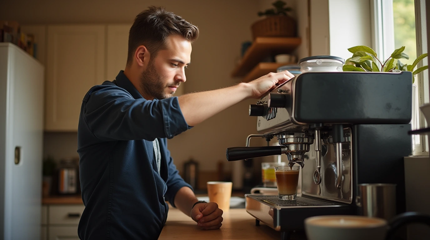 در حال عصاره گیری از دستگاه اسپرسو ساز