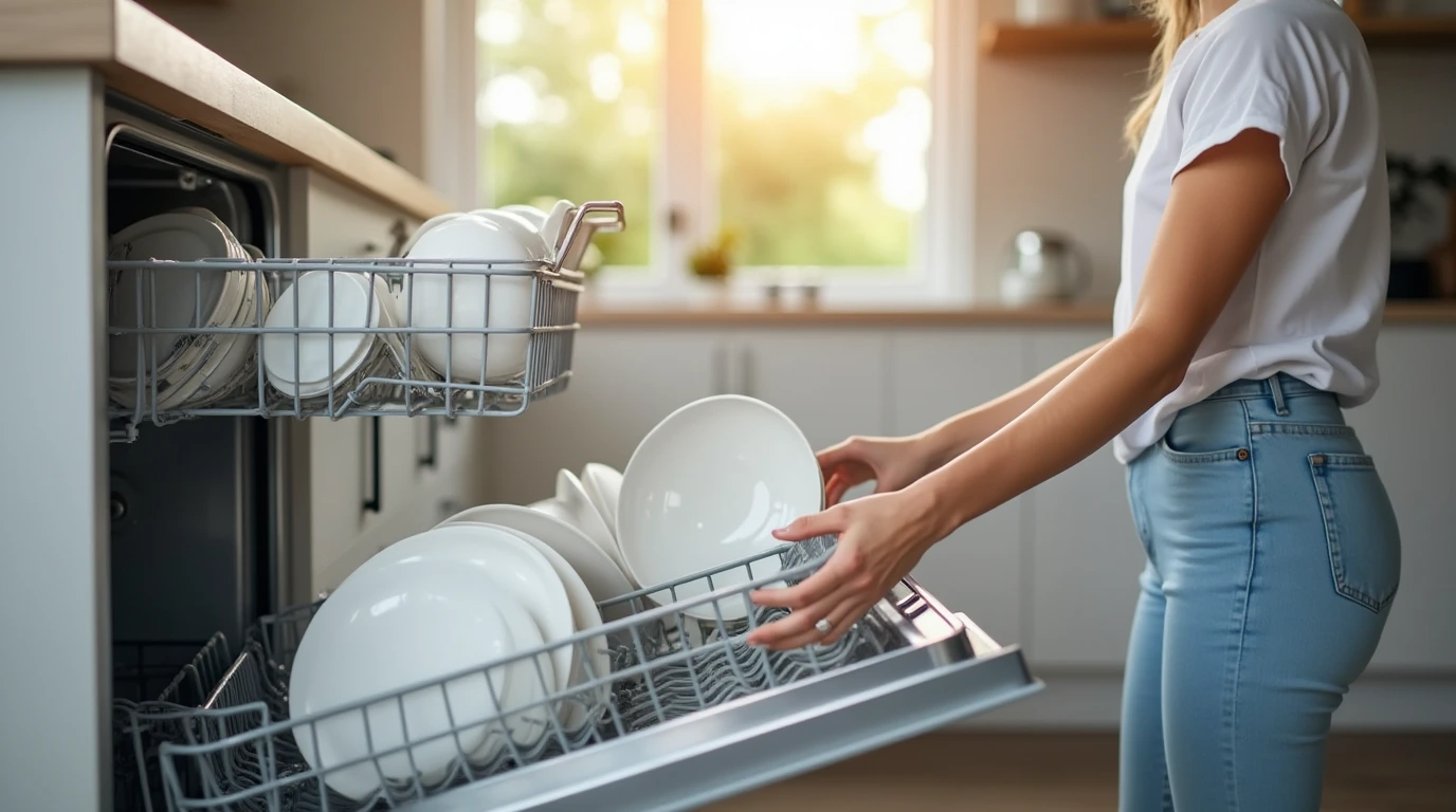 تصویری از یک خانوم در حال گذاشتن ظروف داخل ماشین ظرفشویی