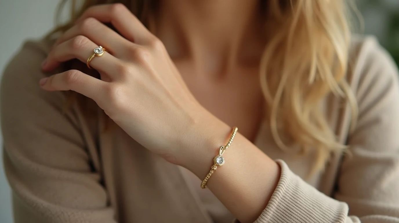 تصویری از دستبند و انگشتر طلای مینیمال در دست یک خانم