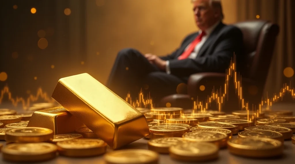 تصویر دونالد ترامپ در کنار شمش و سکه‌های طلا؛ تاثیر سیاست‌های آمریکا بر نوسانات و تصمیم‌گیری برای خرید طلا در ایران