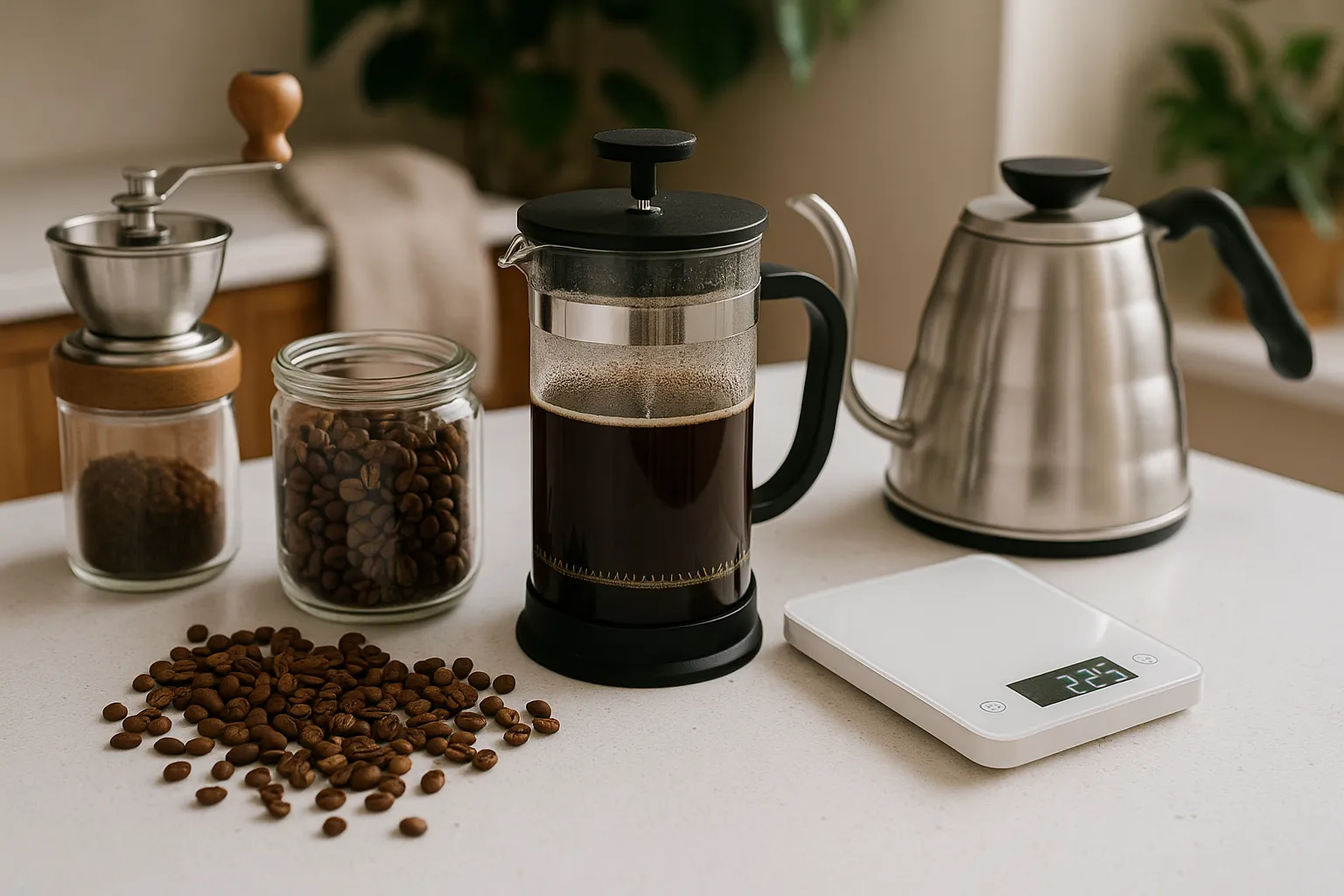 تصویری از ابزار لازم برای دم کردن قهوه با فرنچ پرس