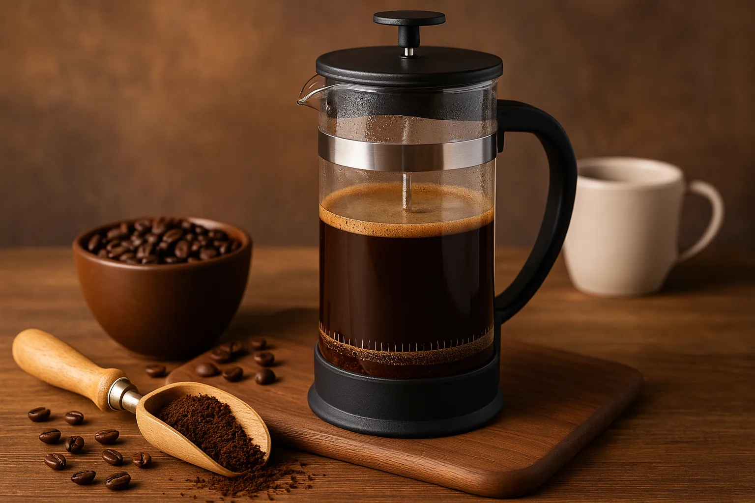 تصویری از مراحل دم کردن قهوه فرانسوی