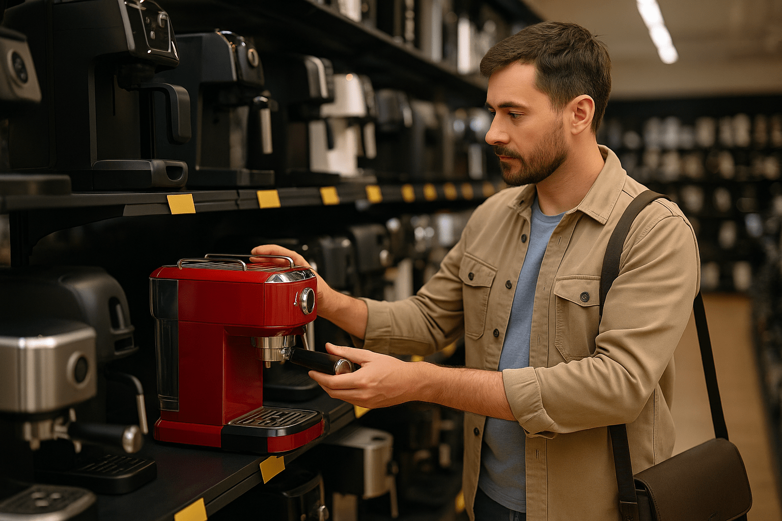 شخصی در حال خرید و انتخاب اسپرسوساز خانگی