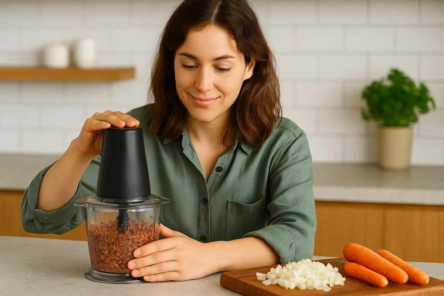 تصویری از خانومی که در حال استفاده از خردکن است