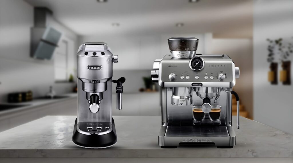 تصویری از یک اسپرسو ساز معمولی و یکی اسپرسو ساز به همراه آسیاب داخلی