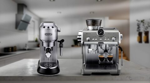 تصویری از یک اسپرسو ساز معمولی و یکی اسپرسو ساز به همراه آسیاب داخلی