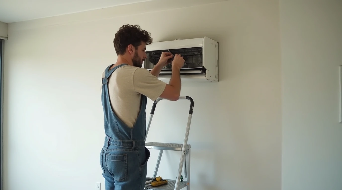 تصویری از یک کولر گازی تکنسین در حال تعمیر آن است.