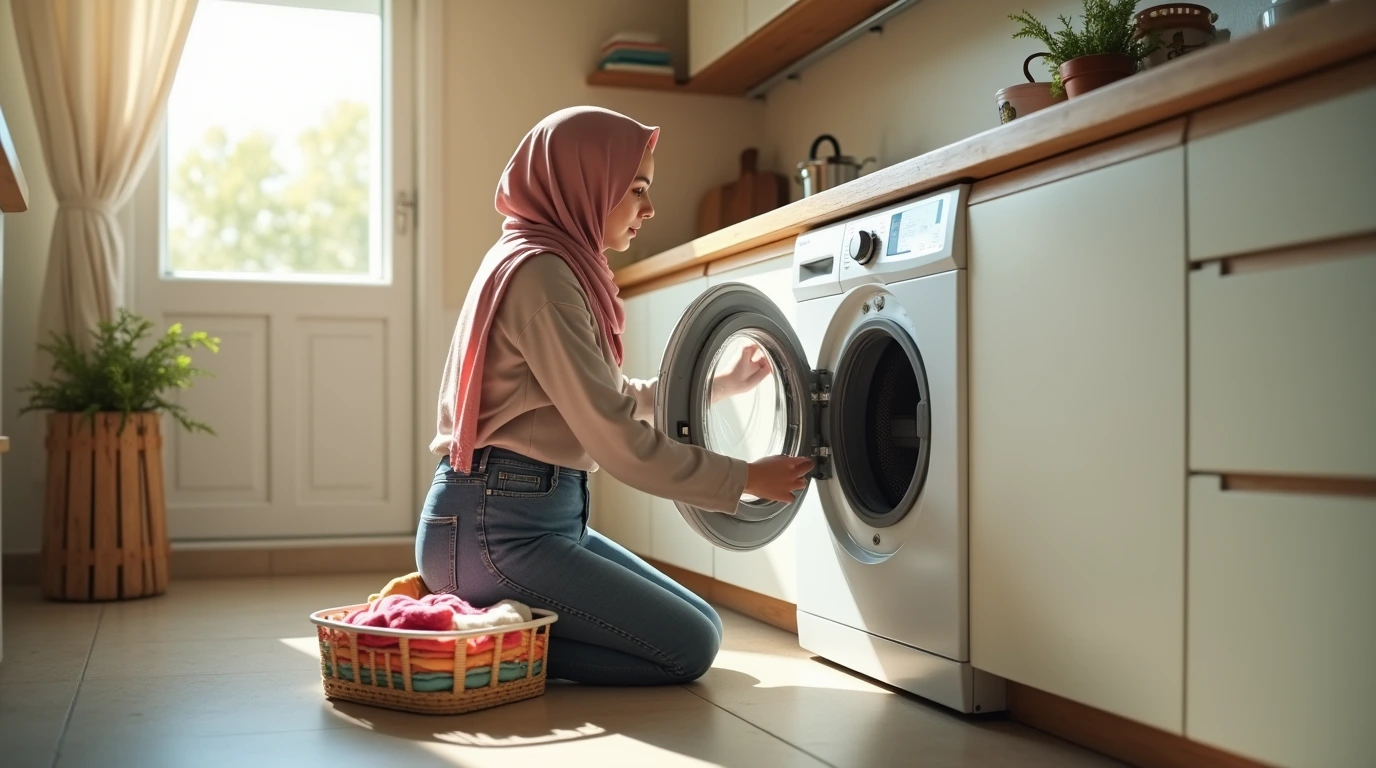 تصویری از یک خانم که درحال خالی کردن لباش از ماشین لباسشویی هست