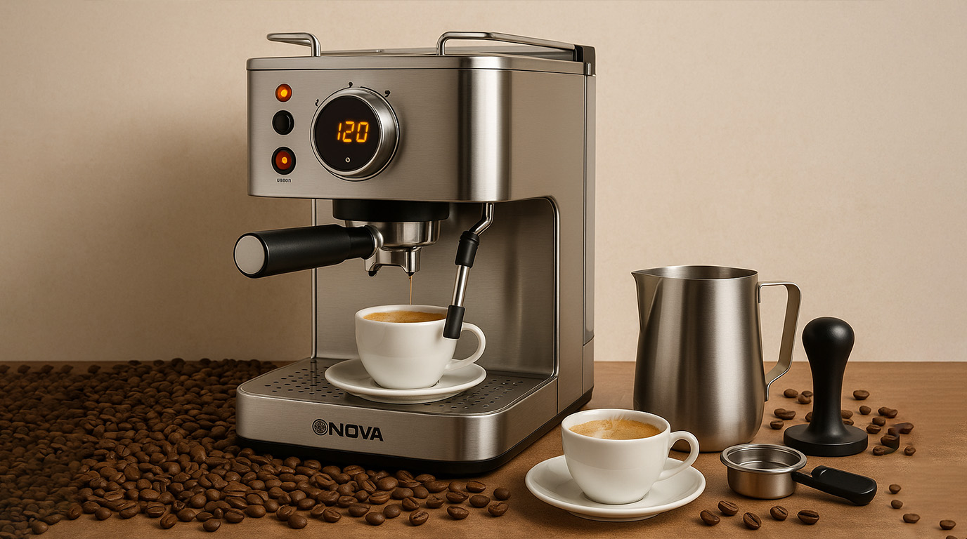 تصویری از اسپرسو ساز نوا در کنار دانه های قهوه