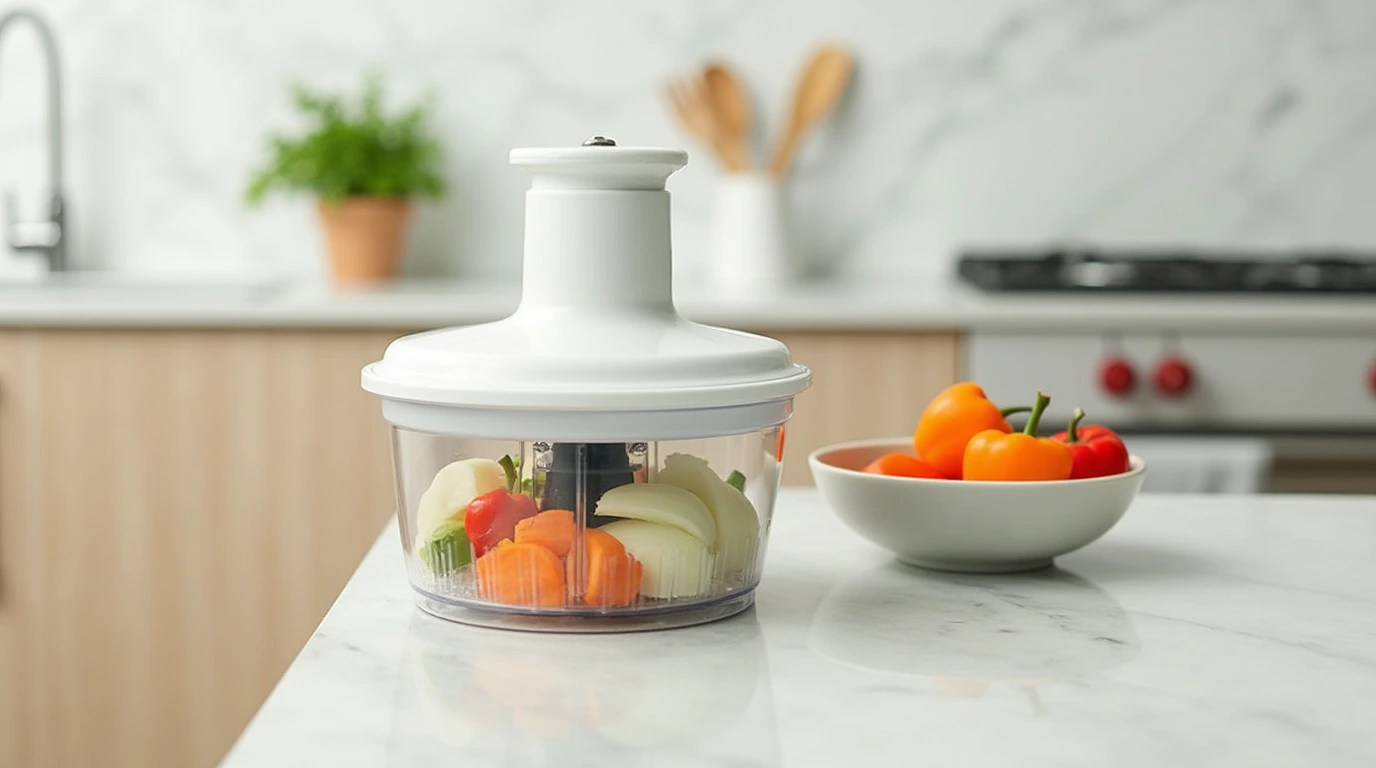 تصویری از یک خردکن برقی و مواد غذایی خردشده